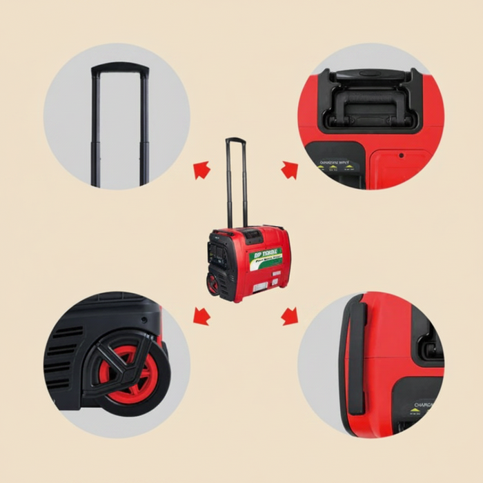 Red and black portable generator with close-up details