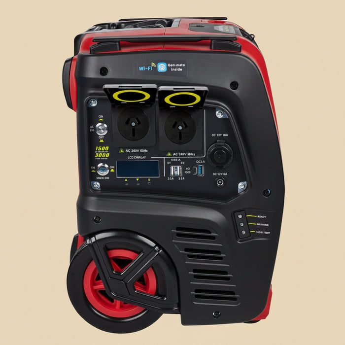 Portable power station with red and black design