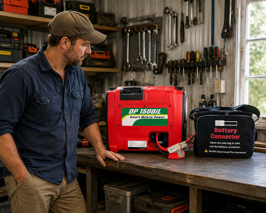 Man in a workshop with a red portable power station and battery connector