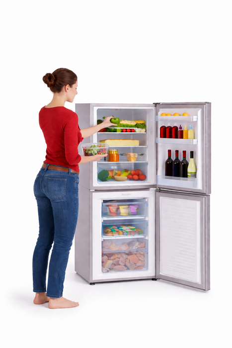 Woman opening a refrigerator filled with food items