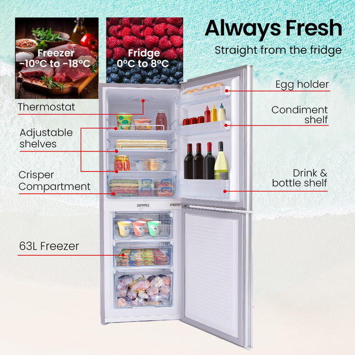 Diagram of a refrigerator with labeled compartments and features