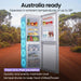 Refrigerator with open doors showing food items in a natural setting with text about temperature range and insulation.