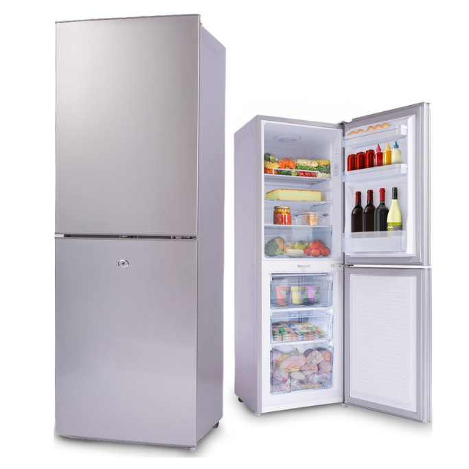 Silver refrigerator with open door showing food items
