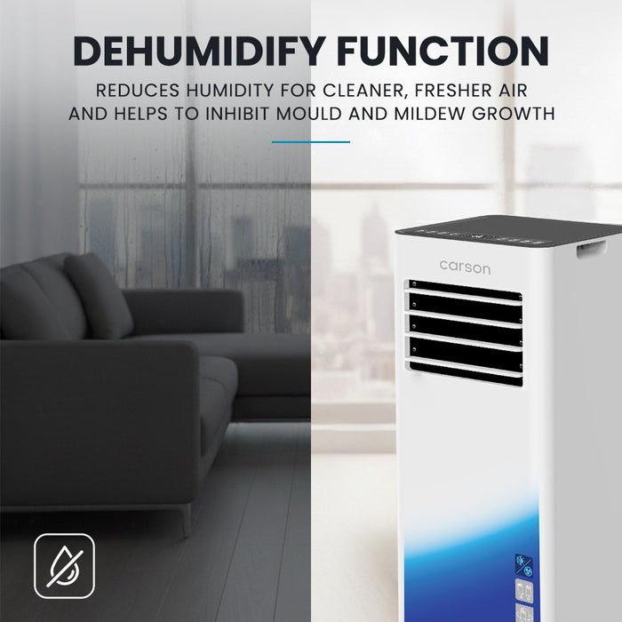 Dehumidifier in a room with text highlighting its dehumidify function.