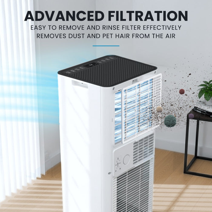 Portable air conditioner with text about advanced filtration in a room setting.