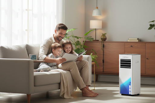 Man and two children reading a book on a couch with a carleton air conditioner in the background.