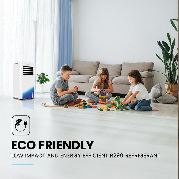 Children playing with toys on a floor in a living room with an air conditioner labeled 'eco friendly'.