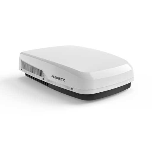 White Dometic roof air conditioner on a white background