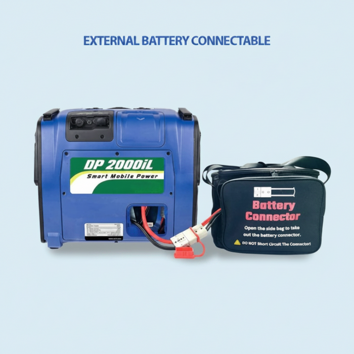 Blue external battery pack with 'DP 20000iL' branding and a black battery connector 