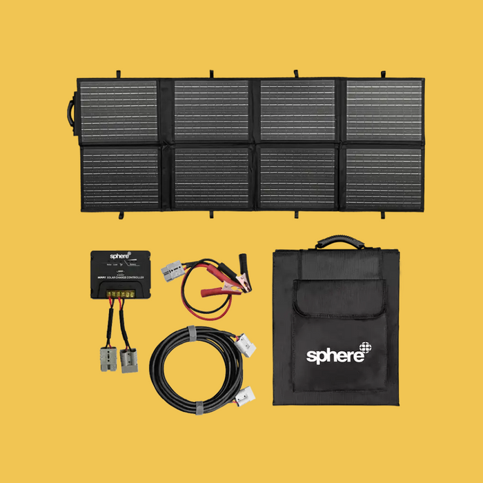 SPHERE 200W Solar Blanket + MPPT Controller + Extension Lead + Battery Alligator Clips + Carry Bag