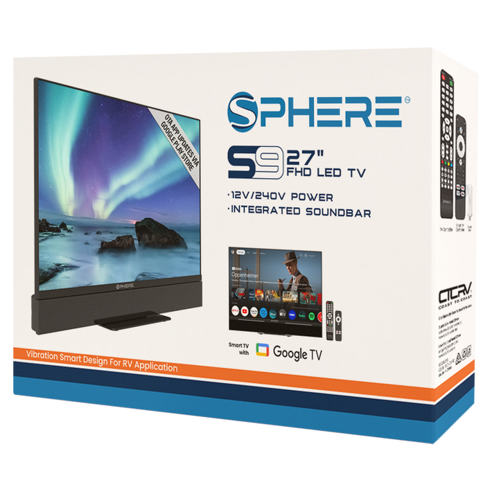 Box packaging of a S9 27-inch FHD LED TV with integrated soundbar by Sphere.