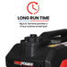 Black and red power tool with  text about long run time.