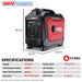 Red and black portable generator with specifications on a white background.