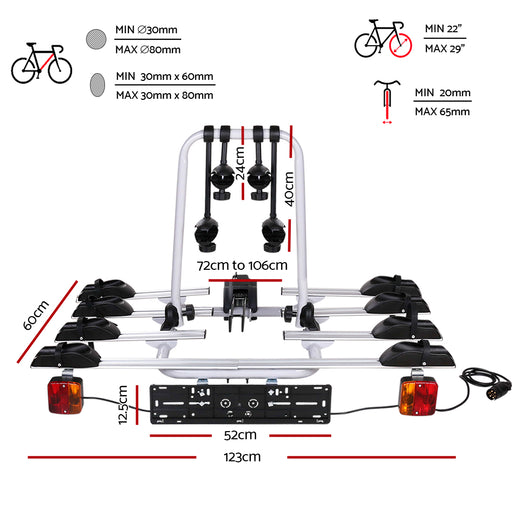Bicycle carrier with dimensions and specifications on a white background