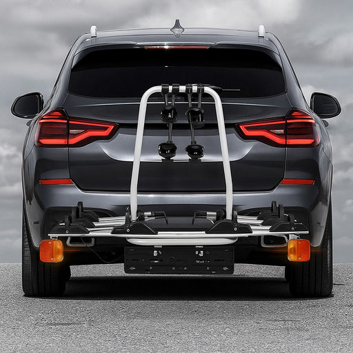 Car with a bike rack on a cloudy day