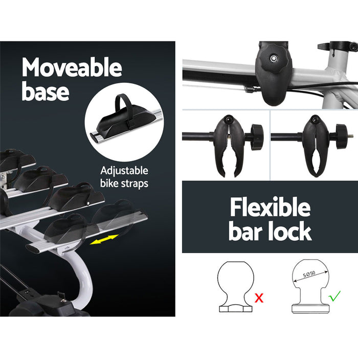 Bicycle rack with moveable base and adjustable bike straps, featuring a flexible bar lock.