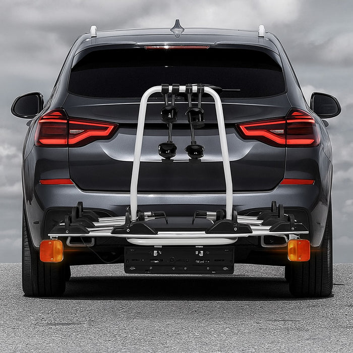 Car with a bike rack on a cloudy day