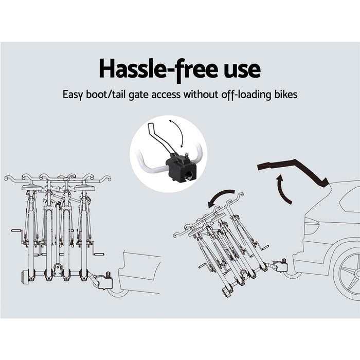 Diagram showing hassle-free bike storage solution with text 'Hassle-free use' and 'Easy boot/tail gate access without off-loading bikes'.
