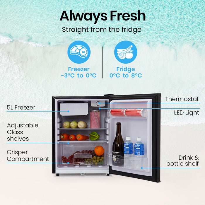 Mini refrigerator with open door showing interior compartments and labeled features