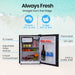 Mini refrigerator with open door showing interior compartments and labeled features
