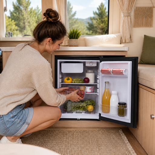 Woman opening a 70L 12V fridge freezer in a cozy caravan living area