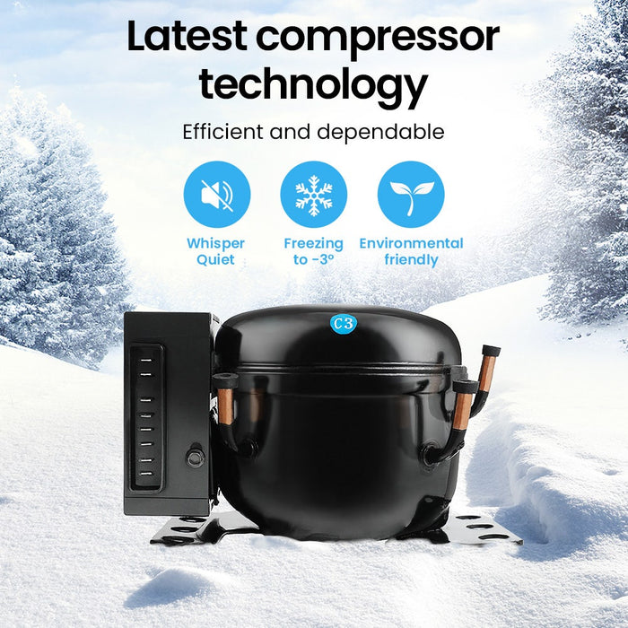 Black compressor unit for 70L caravan fridge freezer with features highlighted.