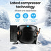 Black compressor unit for 70L caravan fridge freezer with features highlighted.