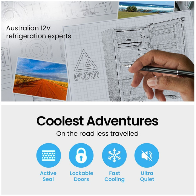 Advertisement for Gecko Australian 12V refrigeration experts with technical drawings and outdoor scenes.