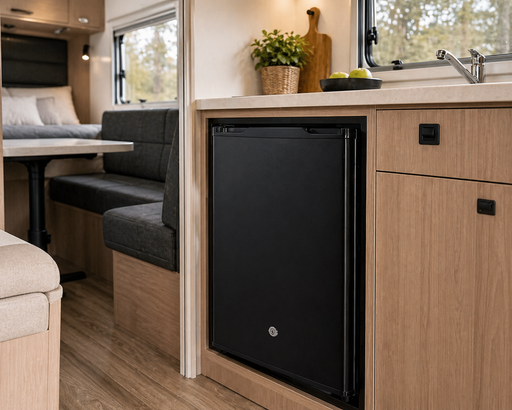 Compact 12V refrigerator in a small kitchen area of a caravan
