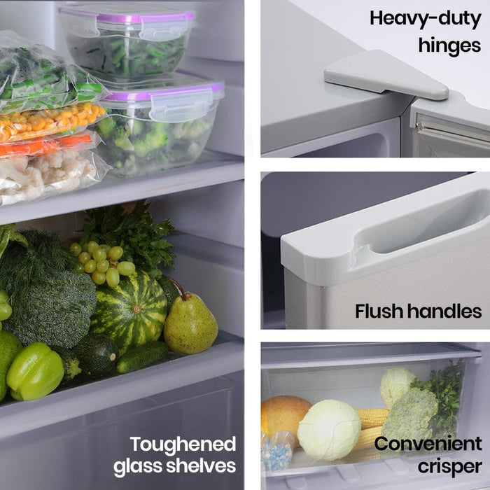 Fridge freezer features like toughened glass shelves, heavy-duty hinges, flush handles, and convenient crisper.