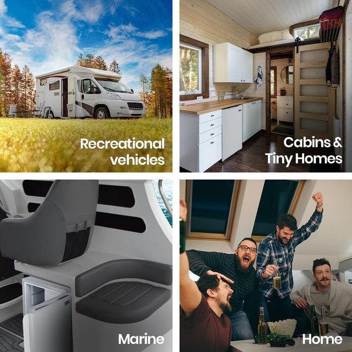 Collage of images showing recreational vehicles, cabins & tiny homes, marine interiors, and people celebrating indoors.