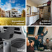 Collage of images showing recreational vehicles, cabins & tiny homes, marine interiors, and people celebrating indoors.