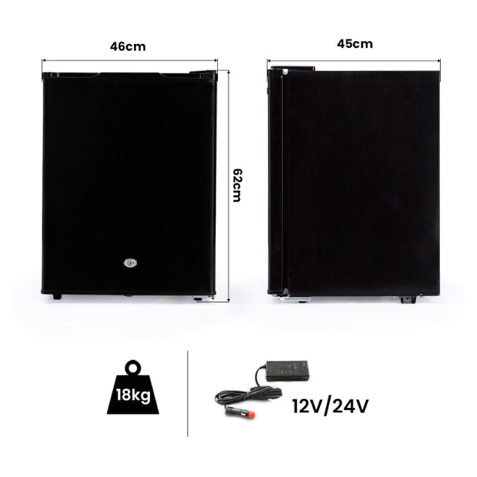 70L black caravan fridge freezer with dimensions labeled.