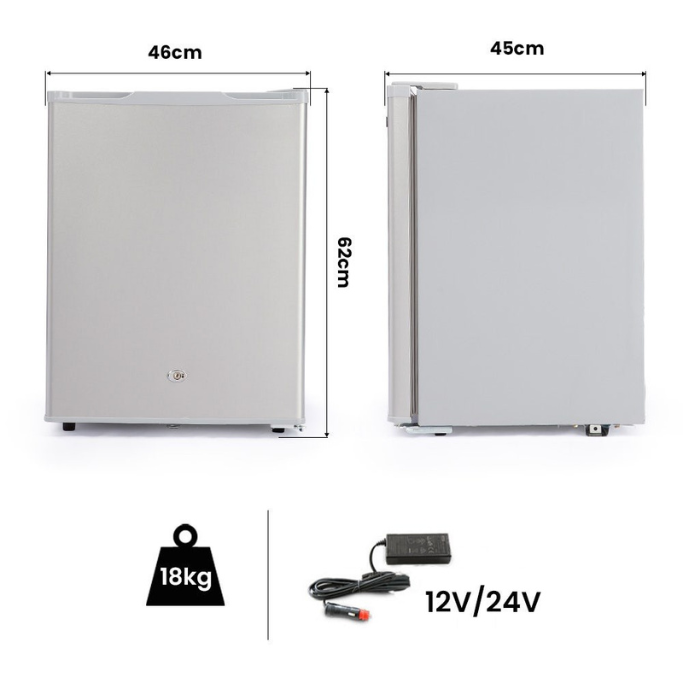 70L black caravan fridge freezer with dimensions labeled