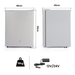 70L black caravan fridge freezer with dimensions labeled