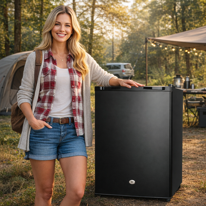 Woman standing next to a black portable refrigerator at a campsite