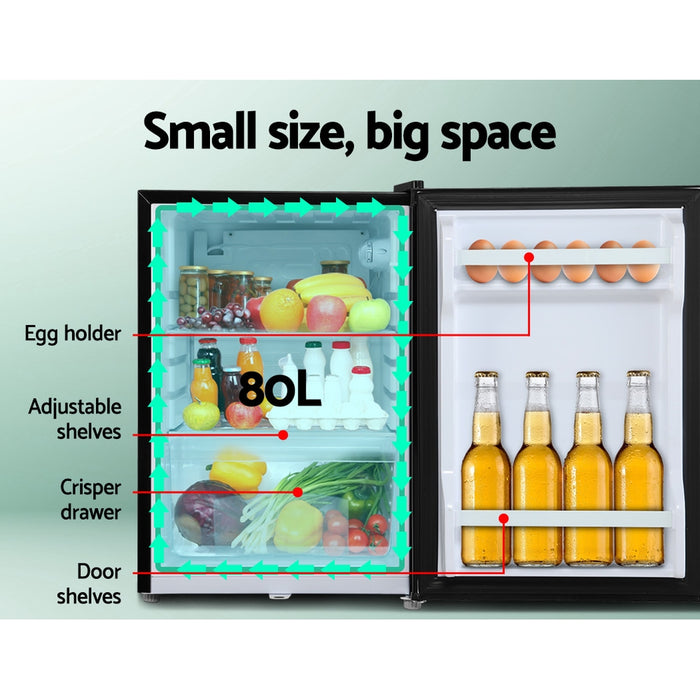 Small refrigerator with labeled features and contents on a light green background