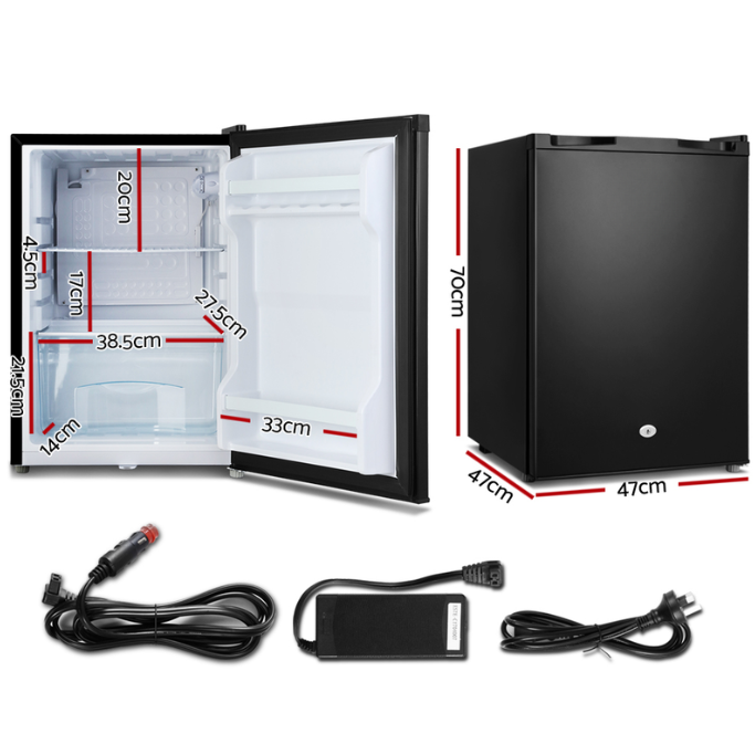 Small black refrigerator with dimensions and power cord 