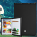 Black refrigerator with open door showing food and drinks against a scenic background