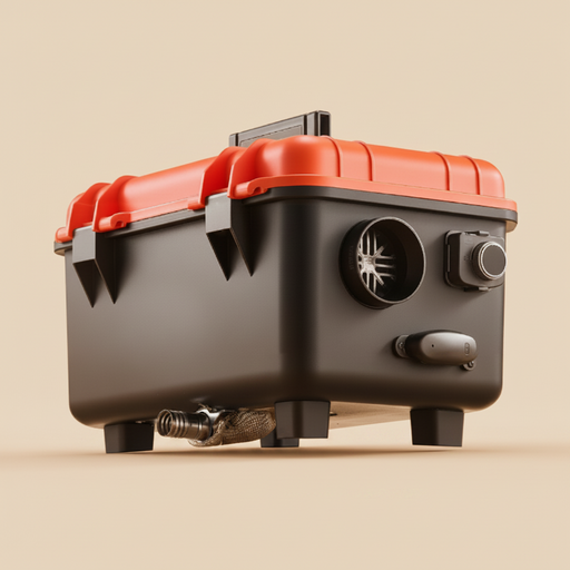 Black and orange diesel air heater with a fan and valve