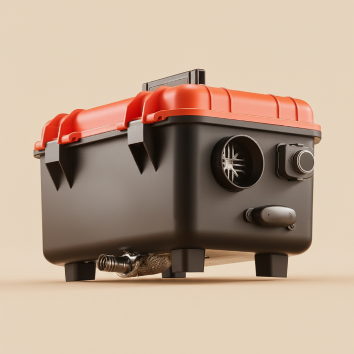 Black and orange diesel air heater with a fan and valve