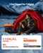 Person sitting in front of a red tent with a diesel air heater, surrounded by snowy mountains.