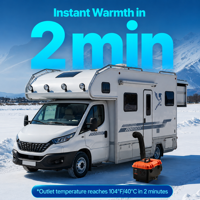 White RV in snowy landscape with text 'Instant Warmth in 2 min' and product image.