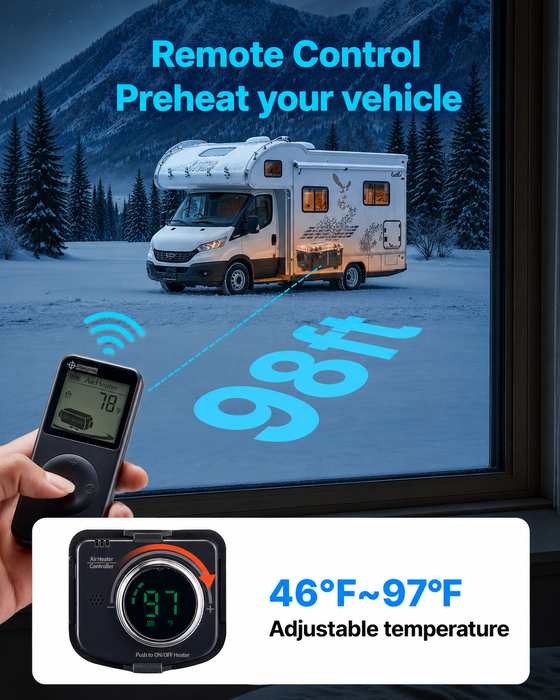 Remote control heating system for a vehicle in a snowy landscape with adjustable temperature display.