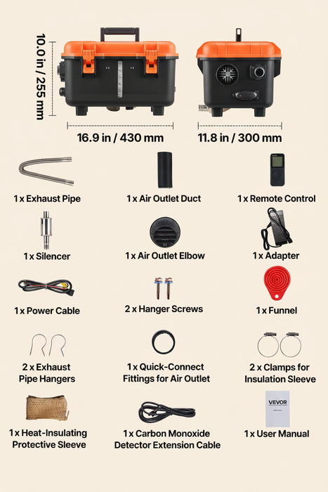 List of components included with a portable air heater, shown with measurements and icons.