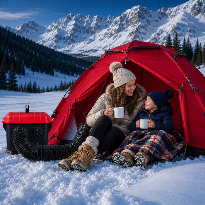 Two people sitting inside a red tent in a snowy mountain landscape, enjoying hot drinks.