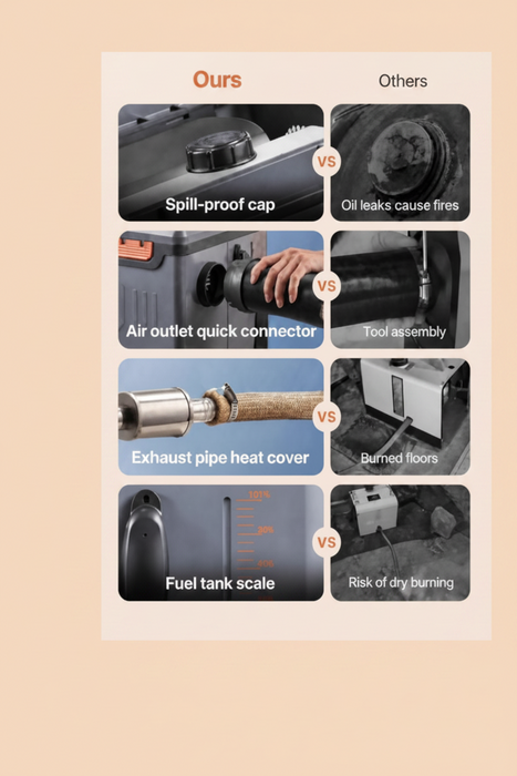 Comparison chart of spill-proof cap, air outlet quick connector, exhaust pipe heat cover, and fuel tank scale features.