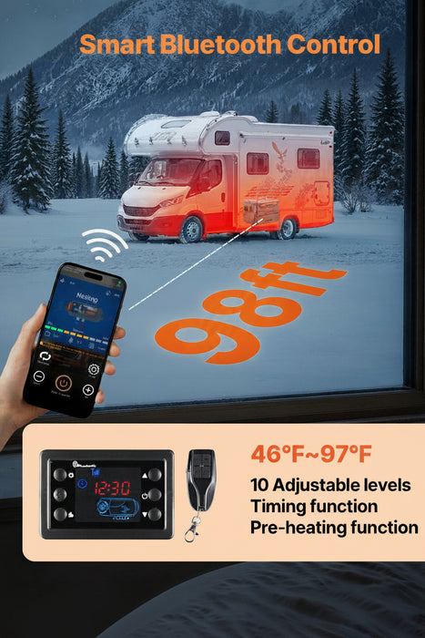 Smart Bluetooth control system for RV with digital display and remote control, set against a snowy mountain backdrop.