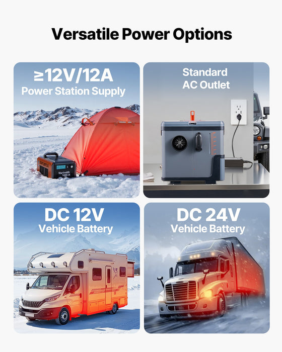 Versatile power options including a power station supply, standard AC outlet, DC 12V vehicle battery, and DC 24V vehicle battery with corresponding images.