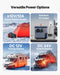 Versatile power options including a power station supply, standard AC outlet, DC 12V vehicle battery, and DC 24V vehicle battery with corresponding images.